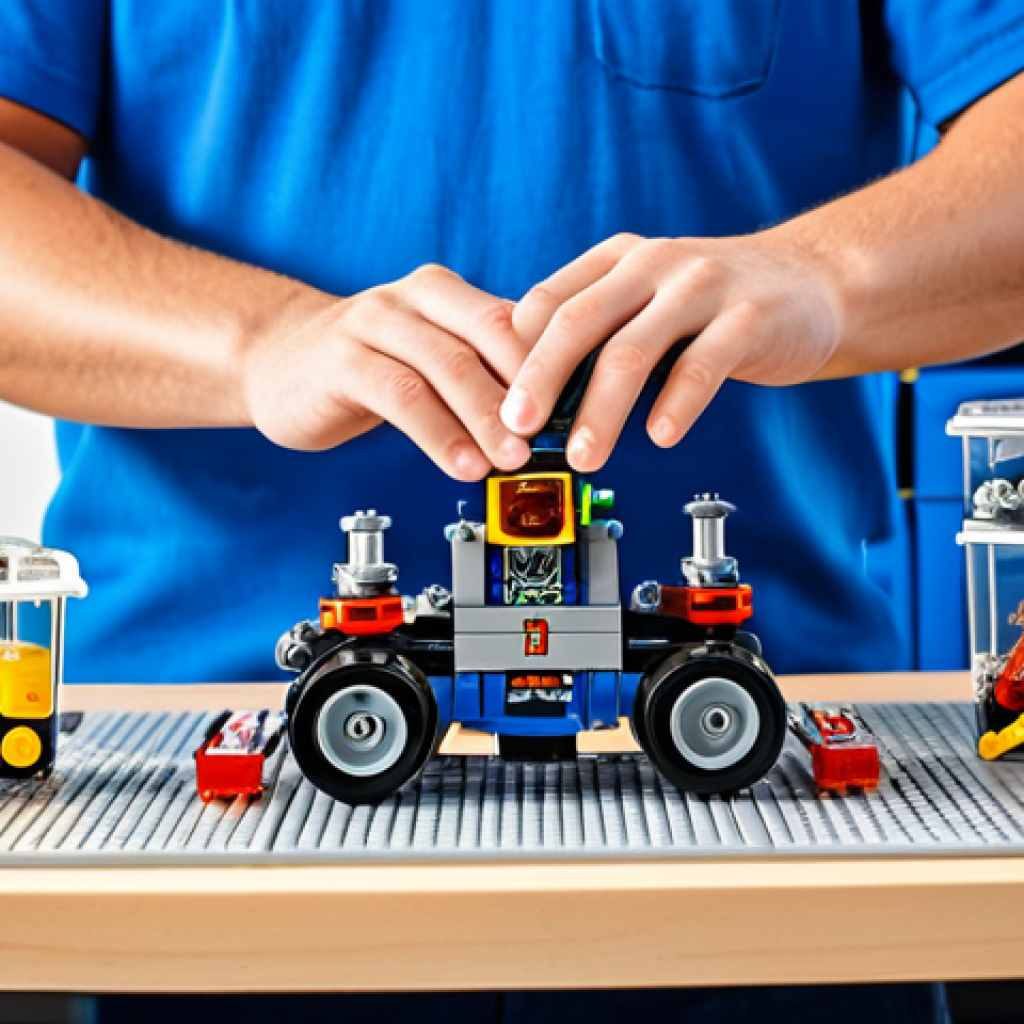 A meticulously organized LEGO Technic building workstation. A clean, brightly illuminated tabletop features multiple transparent containers, each neatly filled with sorted LEGO Technic parts: vibrant pins, various sized gears, long beams, and axles, all separated by type and color. An open, detailed instruction manual lies next to a partially assembled complex LEGO Technic vehicle chassis. In the foreground, well-formed hands (natural pose, correct proportions, proper finger count) are reaching towards a small component, emphasizing precision. The scene depicts a modern, well-lit study or hobby room. Professional studio photography, sharp focus, high detail, accurate color representation, natural lighting. safe for work, appropriate content, family-friendly, perfect anatomy, correct proportions, natural pose, well-formed hands, proper finger count, natural body proportions.