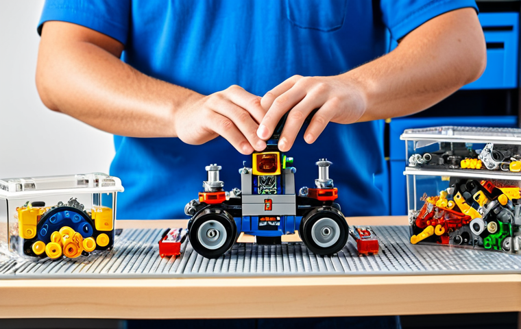 A meticulously organized LEGO Technic building workstation. A clean, brightly illuminated tabletop features multiple transparent containers, each neatly filled with sorted LEGO Technic parts: vibrant pins, various sized gears, long beams, and axles, all separated by type and color. An open, detailed instruction manual lies next to a partially assembled complex LEGO Technic vehicle chassis. In the foreground, well-formed hands (natural pose, correct proportions, proper finger count) are reaching towards a small component, emphasizing precision. The scene depicts a modern, well-lit study or hobby room. Professional studio photography, sharp focus, high detail, accurate color representation, natural lighting. safe for work, appropriate content, family-friendly, perfect anatomy, correct proportions, natural pose, well-formed hands, proper finger count, natural body proportions.