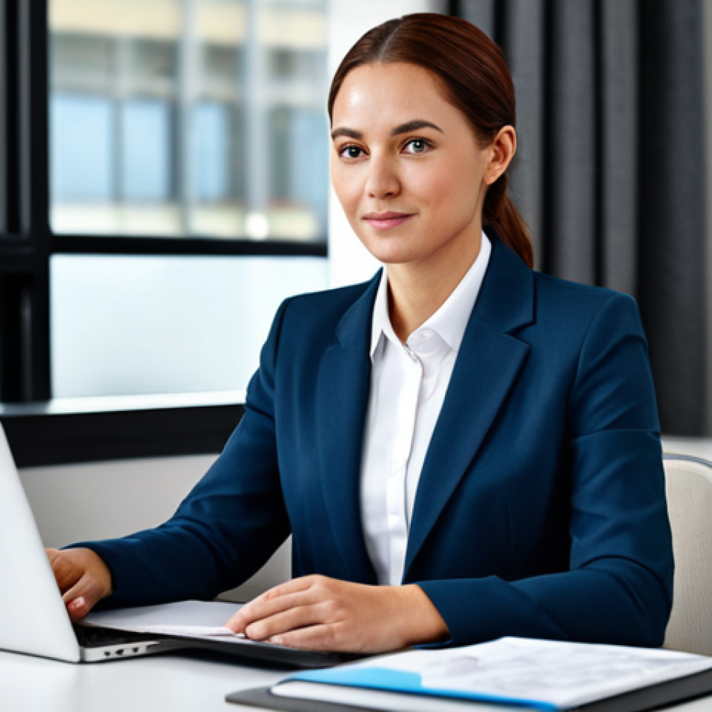 Professional Woman in Modern Office**
"A professional businesswoman in a modest business suit, sitting at a desk in a modern office, fully clothed, appropriate attire, safe for work, perfect anatomy, natural proportions, professional photography, high quality, family-friendly."
**