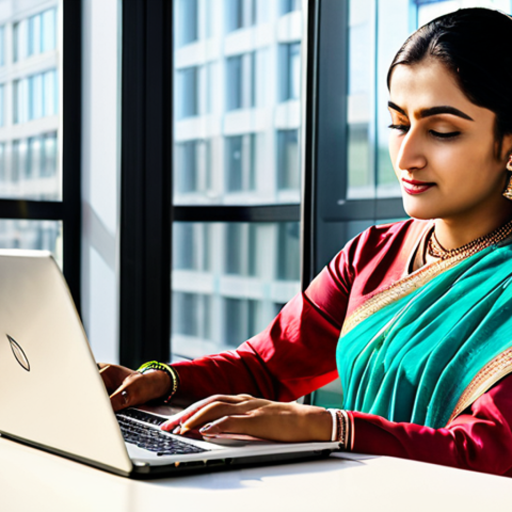 A professional woman in a vibrant, modest sari working on a laptop in a modern, sunlit office. Safe for work, appropriate content, fully clothed, perfect anatomy, natural proportions, professional.