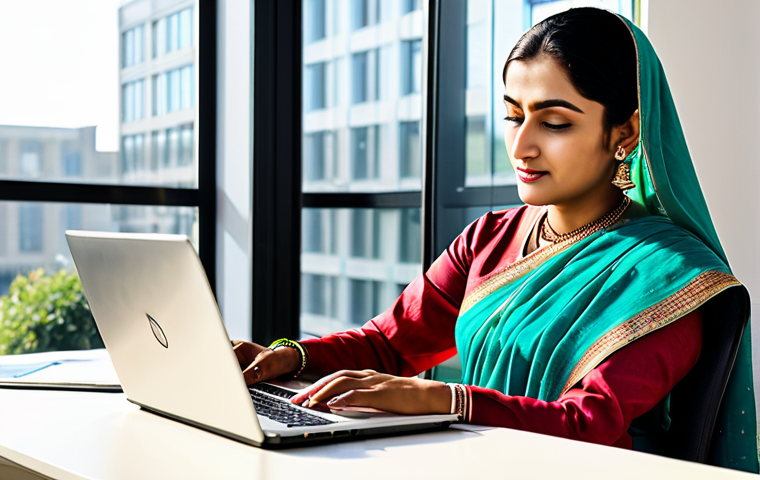A professional woman in a vibrant, modest sari working on a laptop in a modern, sunlit office. Safe for work, appropriate content, fully clothed, perfect anatomy, natural proportions, professional.