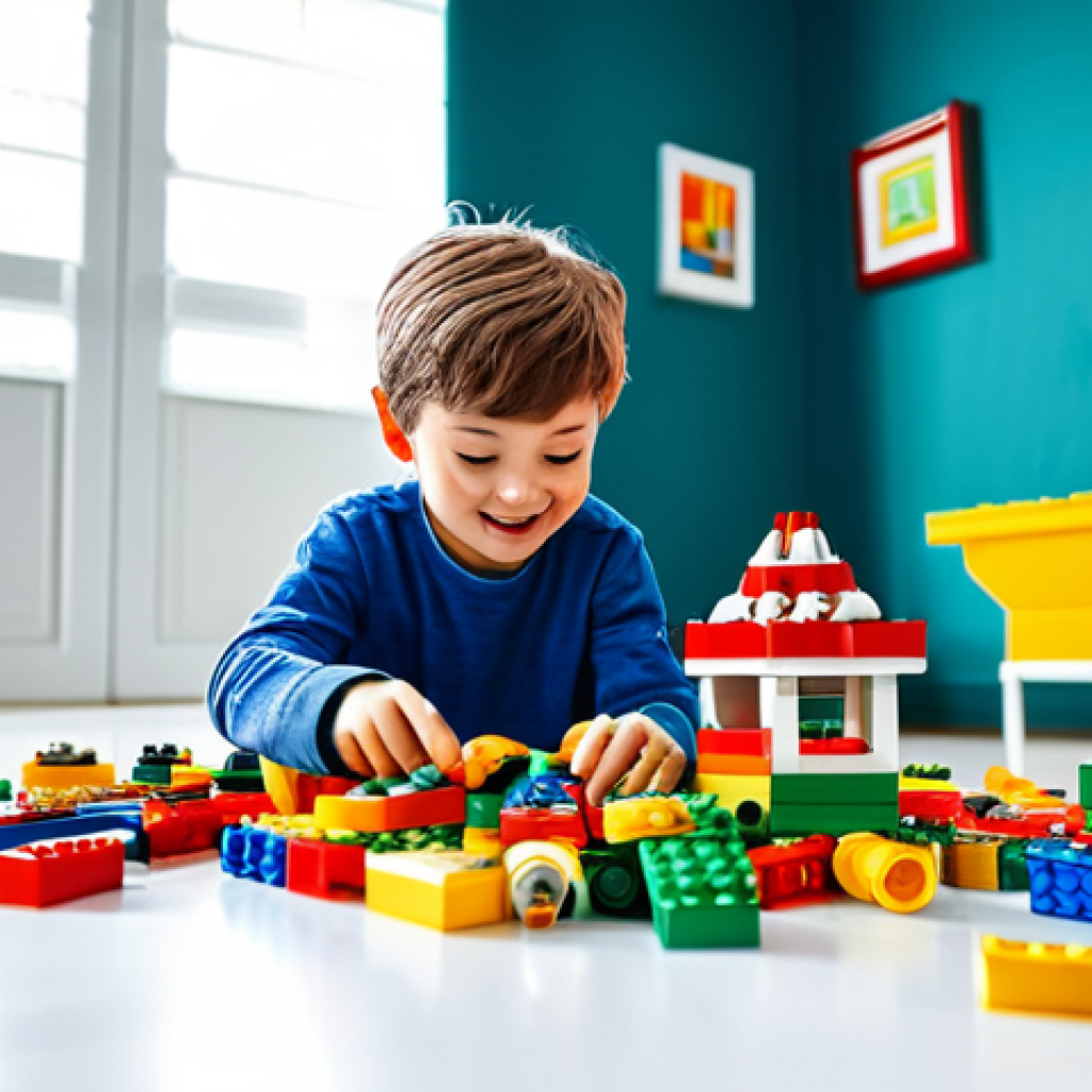 **A child, fully clothed in casual wear, enthusiastically building a colorful LEGO structure, surrounded by other LEGO bricks, in a bright, playful room. The scene emphasizes creativity and imagination, with "safe for work" elements, perfect anatomy, correct proportions, natural pose, professional photography, high quality, and family-friendly atmosphere.**