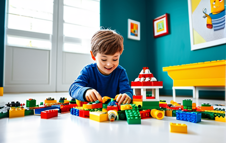 **A child, fully clothed in casual wear, enthusiastically building a colorful LEGO structure, surrounded by other LEGO bricks, in a bright, playful room. The scene emphasizes creativity and imagination, with "safe for work" elements, perfect anatomy, correct proportions, natural pose, professional photography, high quality, and family-friendly atmosphere.**
