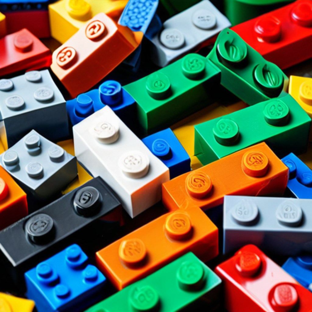 레고의 환경 보호 정책 - Recycled Lego Bricks**
"Close-up shot of colorful Lego bricks made from recycled plastic, scattered...