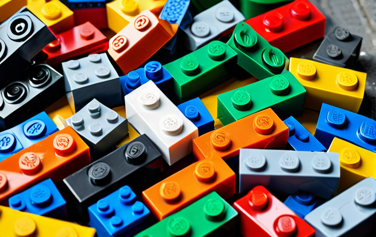 레고의 환경 보호 정책 - Recycled Lego Bricks**
"Close-up shot of colorful Lego bricks made from recycled plastic, scattered...