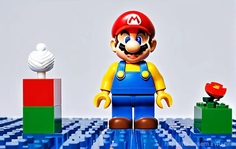 레고로 구현한 게임 캐릭터 디자인 - **Prompt 1: Digital to Brick Transformation of Super Mario**
"A vibrant, high-angle shot illustr...