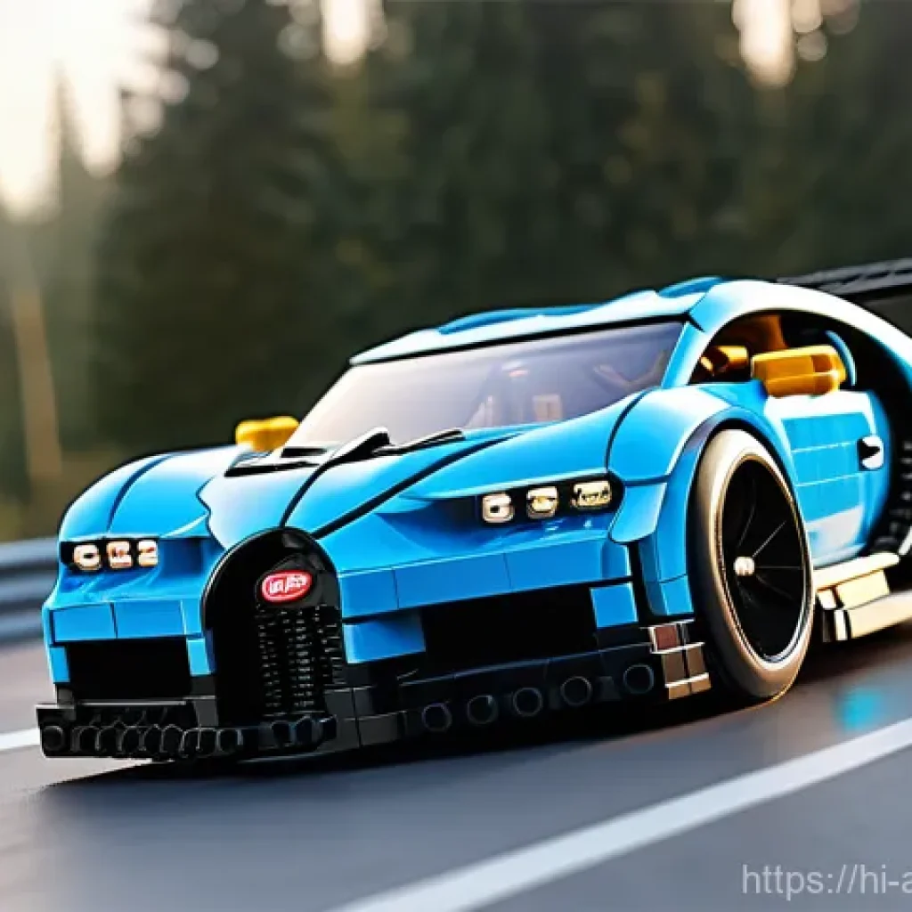 레고 테크닉 차종별 기능 분석 - **Prompt:** "A highly detailed, realistic rendering of a LEGO Technic supercar model, possibly a Bug...